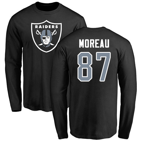 Men Oakland Raiders Olive Foster Moreau Name and Number Logo NFL Football #87 Long Sleeve T Shirt->nfl t-shirts->Sports Accessory